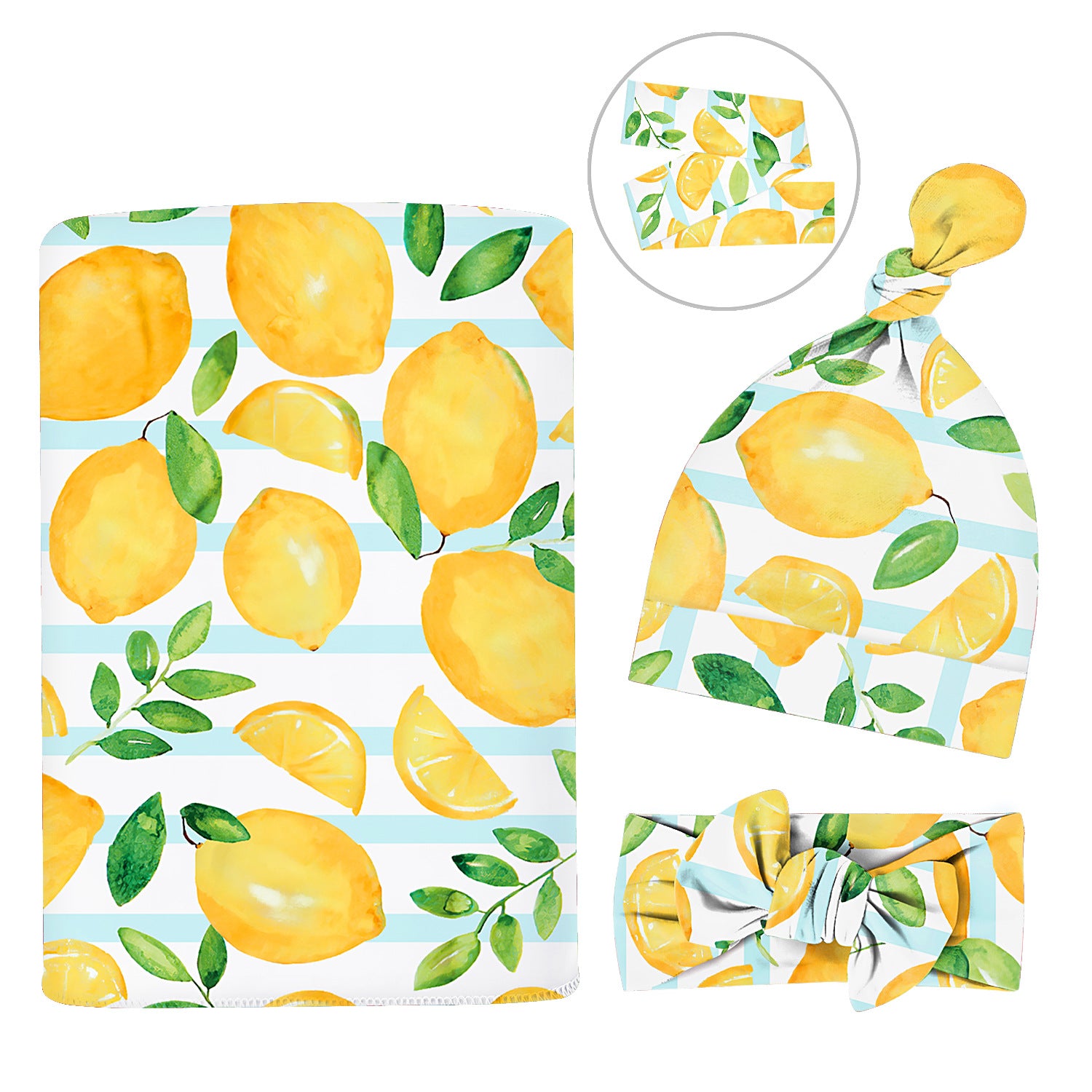 Newborn Baby Swaddle Striped Fruit Print and Headband Knotted Hat Three-Piece Set