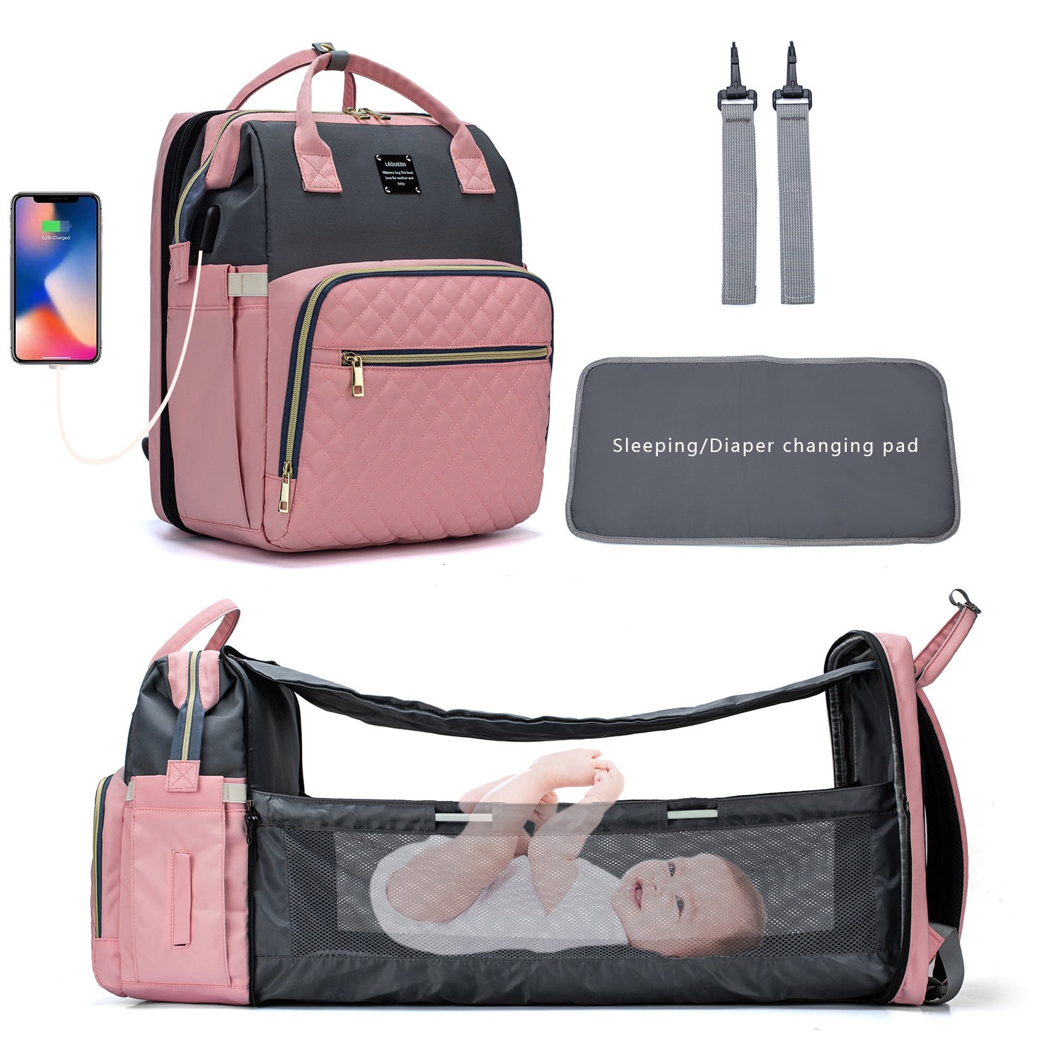 Baby Diapers Bag Backpack Portable Foldable Travel Bed Large Capacity USB Port