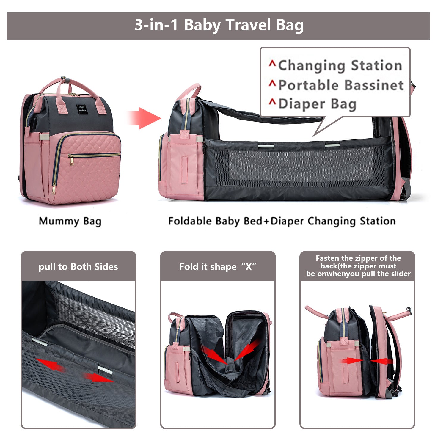 Baby Diapers Bag Backpack Portable Foldable Travel Bed Large Capacity USB Port