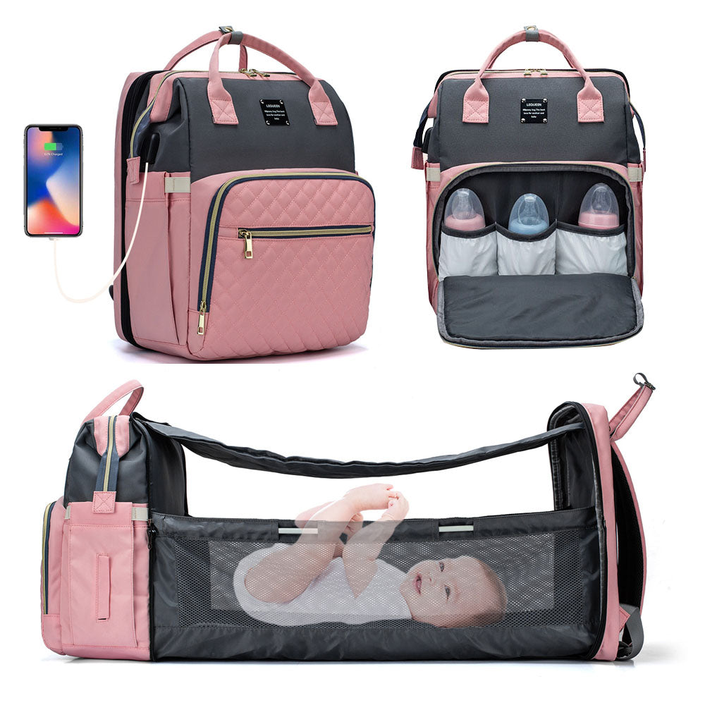 Baby Diapers Bag Backpack Portable Foldable Travel Bed Large Capacity USB Port