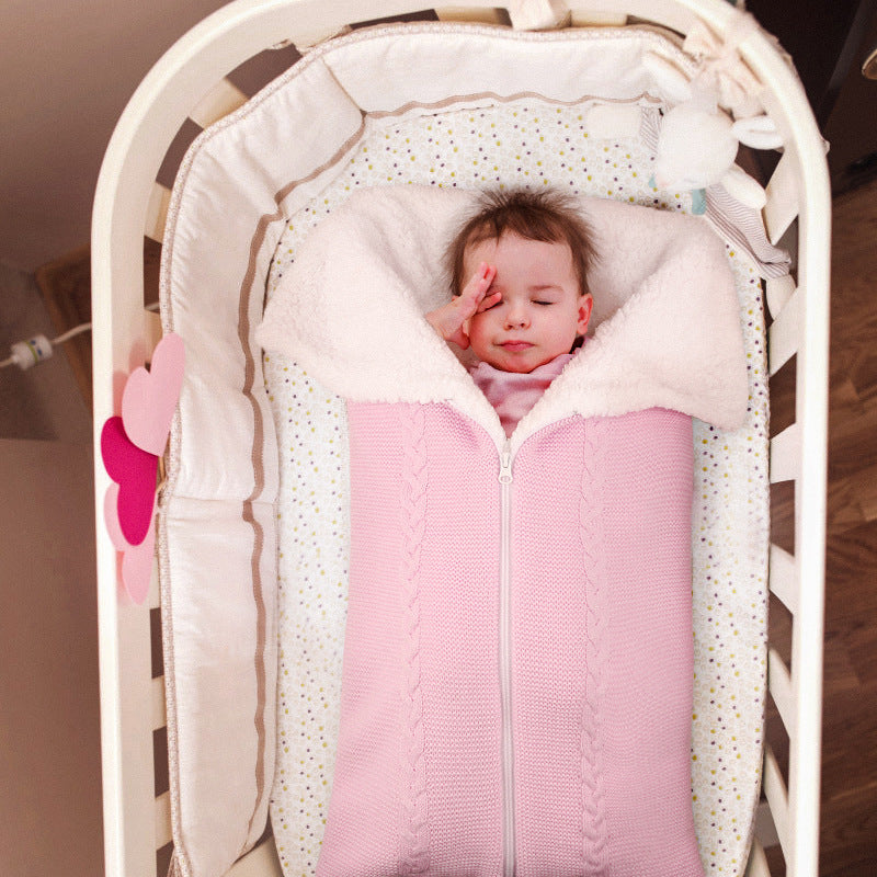 Knitted plush baby sleeping bag swaddle stroller zipper Blanket Two-in-one