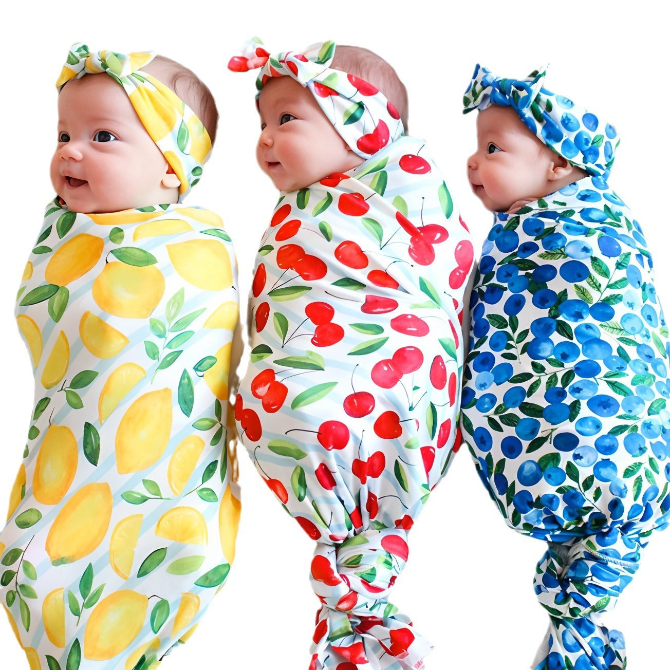 Newborn Baby Swaddle Striped Fruit Print and Headband Knotted Hat Three-Piece Set